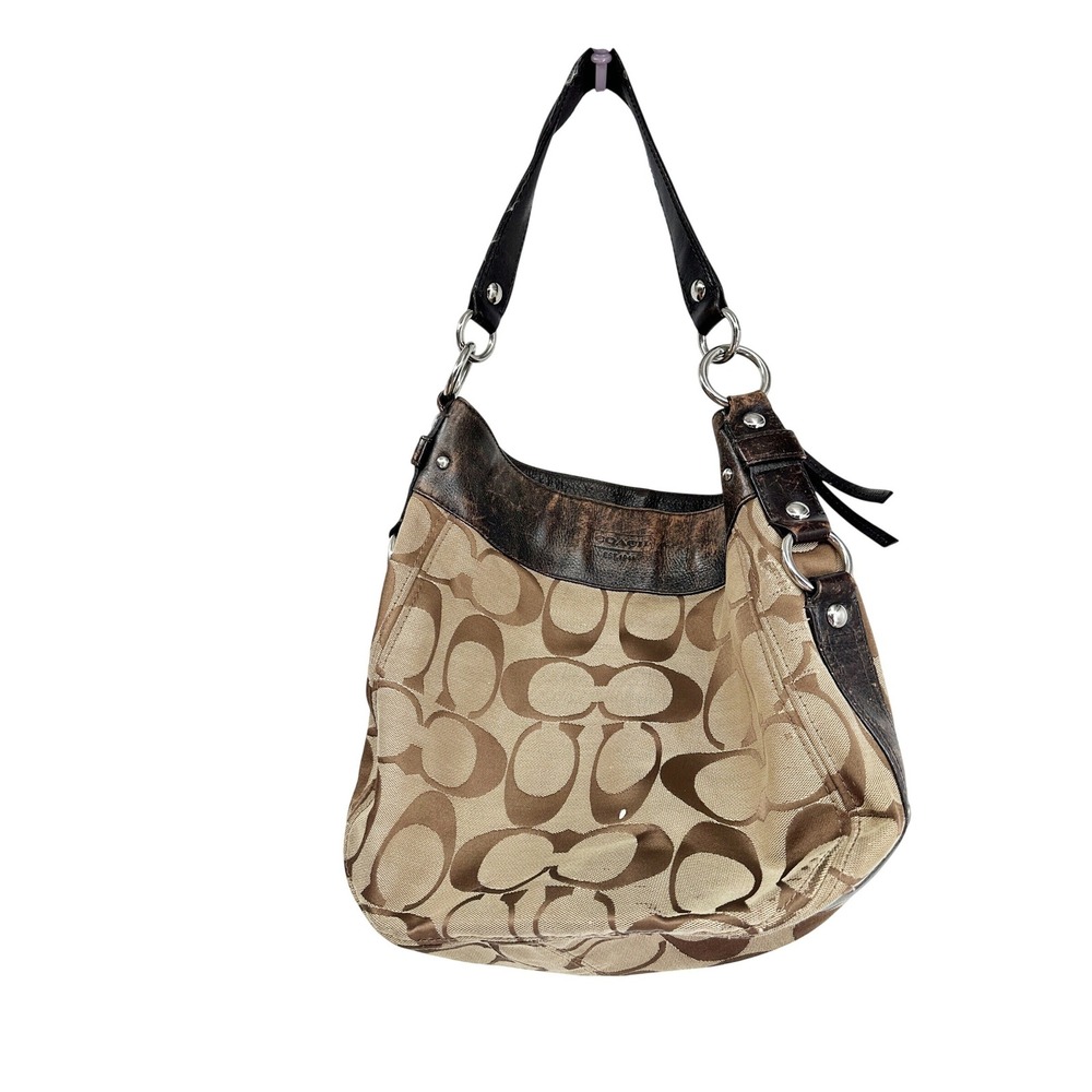 Coach Signature Zoe Hobo Bag Medium Brown Khaki Jacquard Shoulder Purse F14706